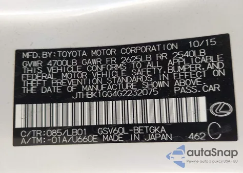 2016 Lexus Es 350 from USA, damaged, VIN JTHBK1GG4G2232075